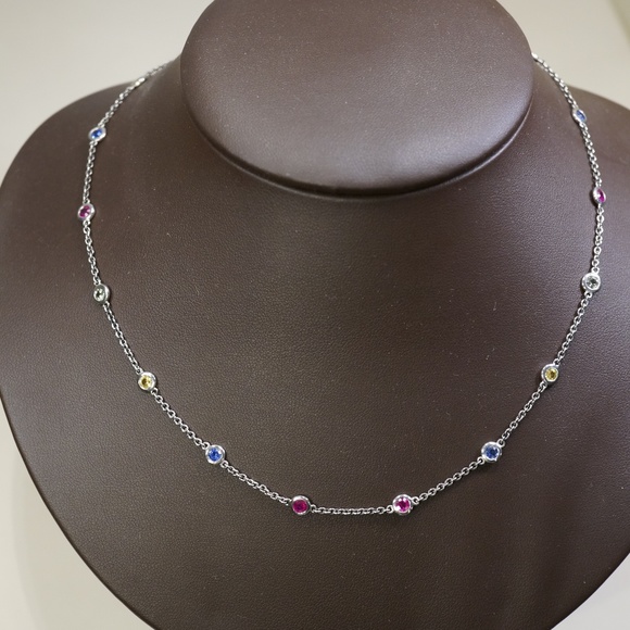18KW Gold Multi Color Sapphire Station Necklace
